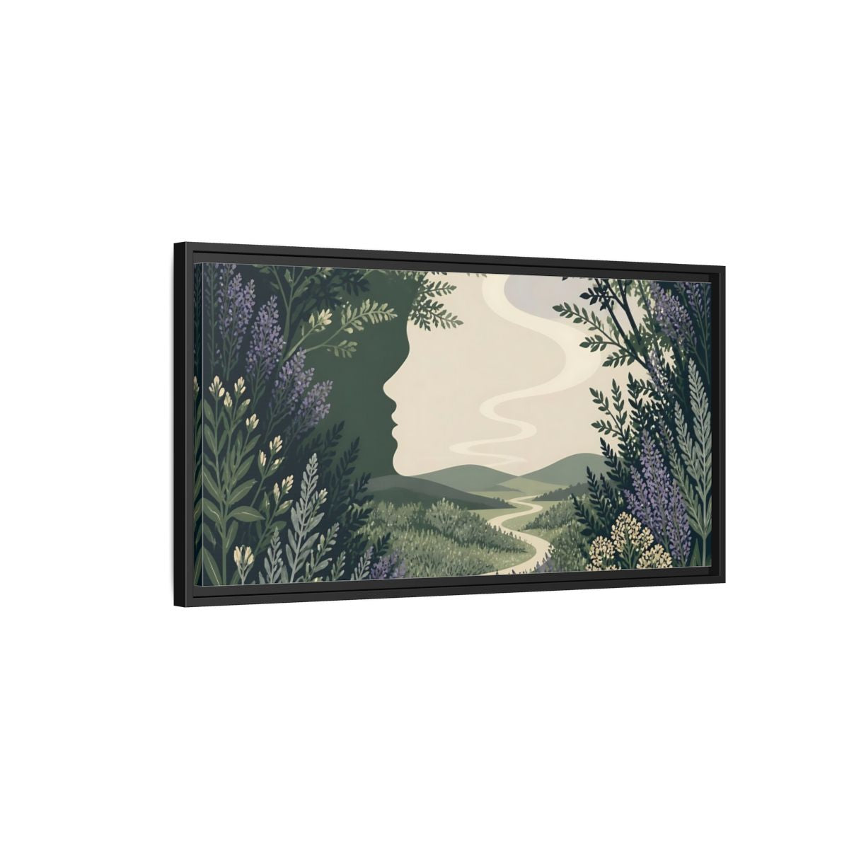 Side Mockup 2. Serene Meadow Silhouette shown as framed canvas print