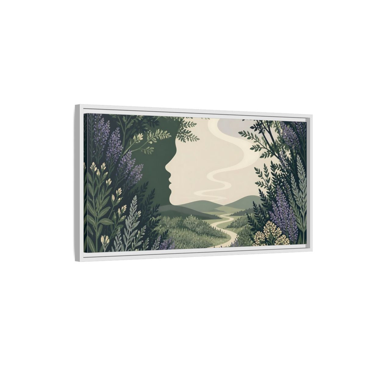 Side Mockup 1. Serene Meadow Silhouette shown as framed canvas print