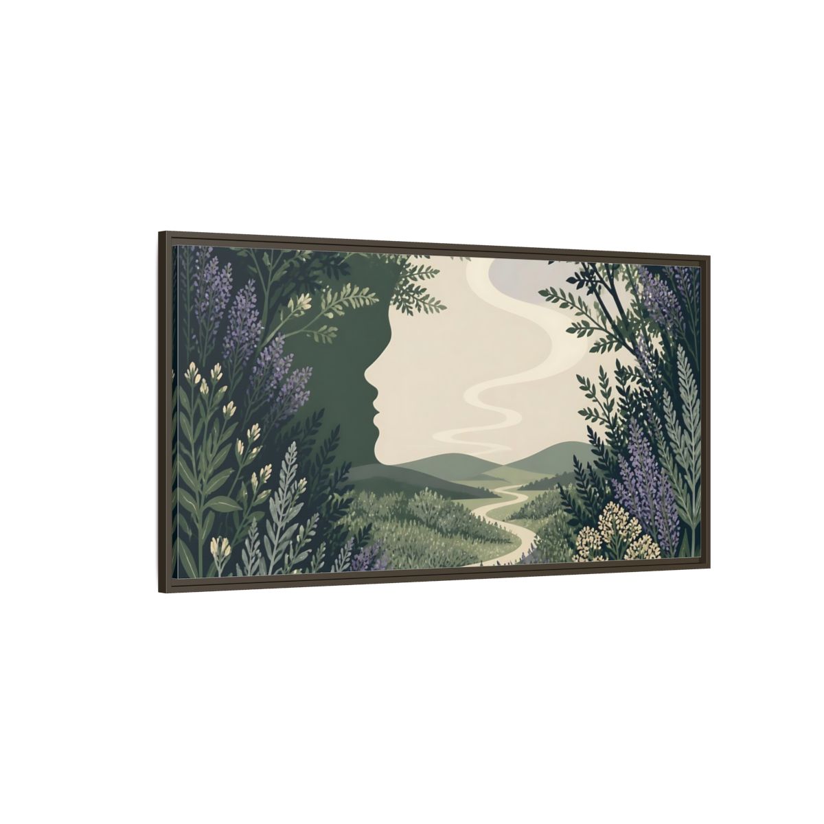 Side Mockup 4. Serene Meadow Silhouette shown as framed canvas print