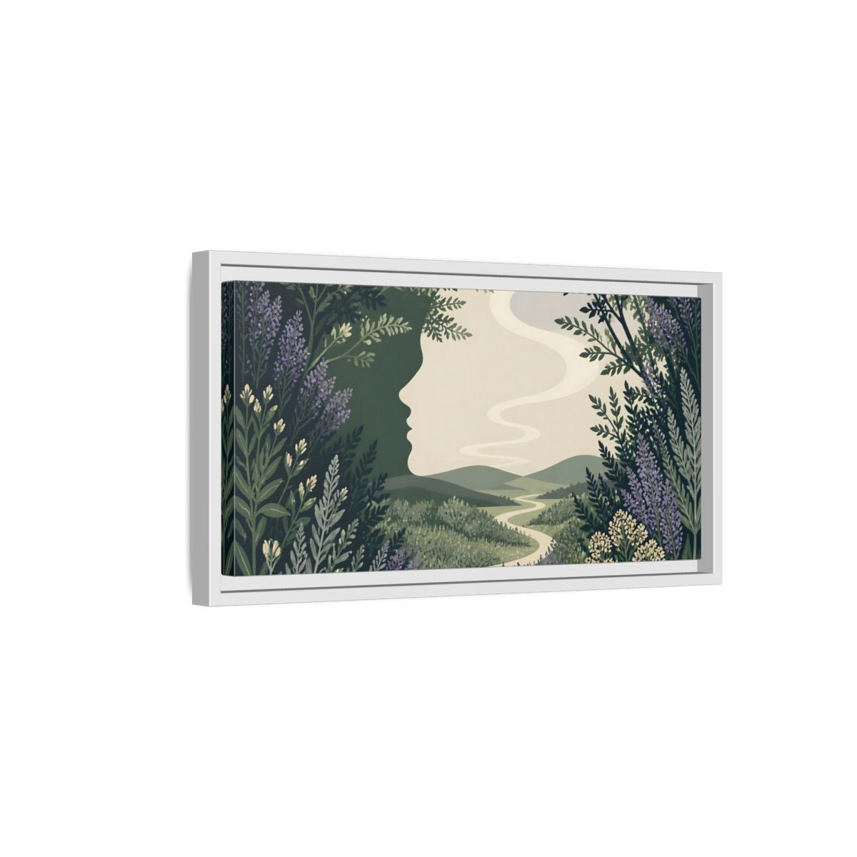 Side Mockup 6. Serene Meadow Silhouette shown as framed canvas print