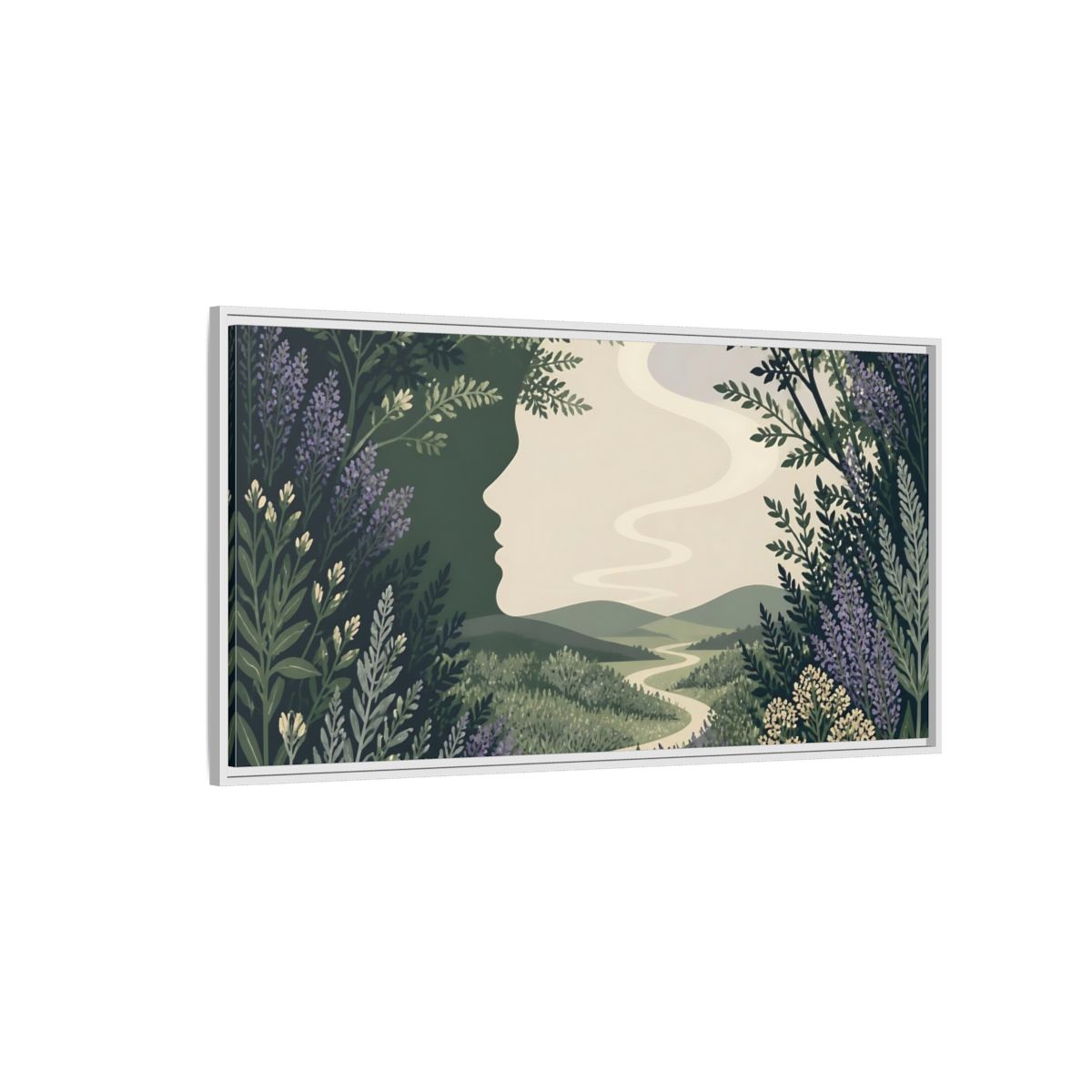 Side Mockup 3. Serene Meadow Silhouette shown as framed canvas print