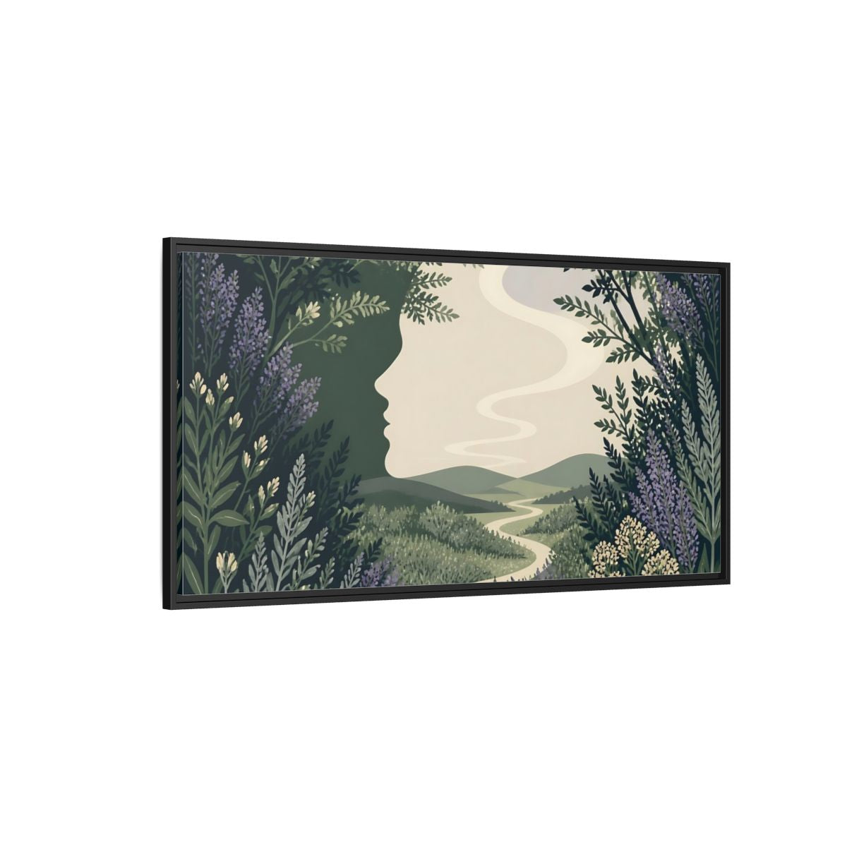 Side Mockup 5. Serene Meadow Silhouette shown as framed canvas print