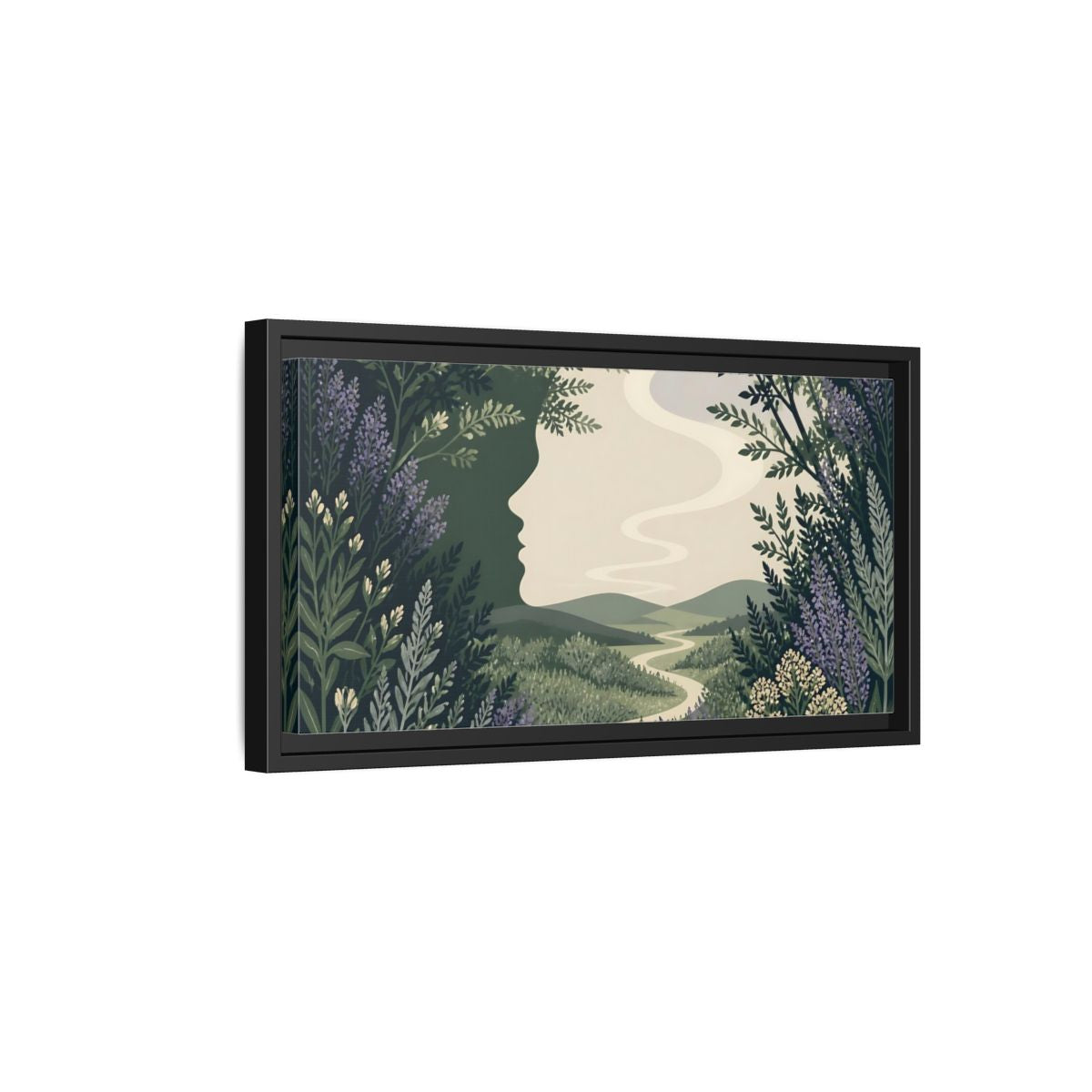 Side Mockup 8. Serene Meadow Silhouette shown as framed canvas print