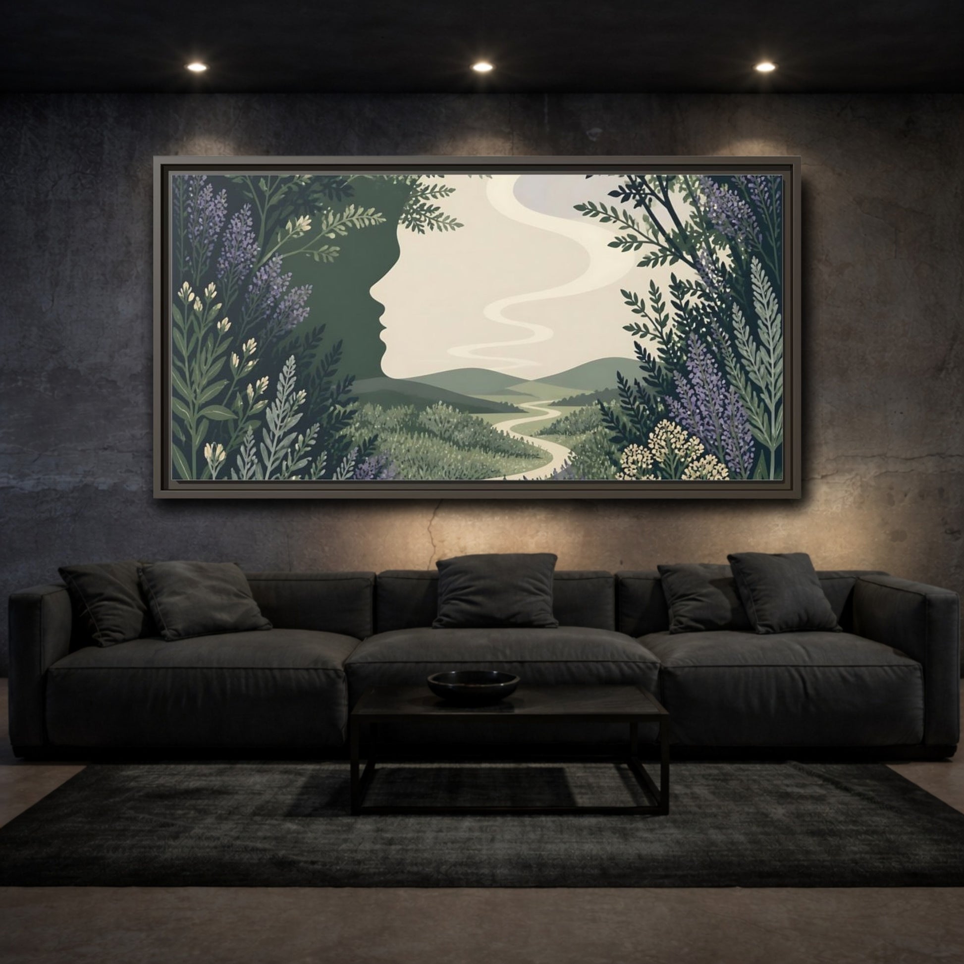 Mockup 3. Serene Meadow Silhouette shown as framed canvas print