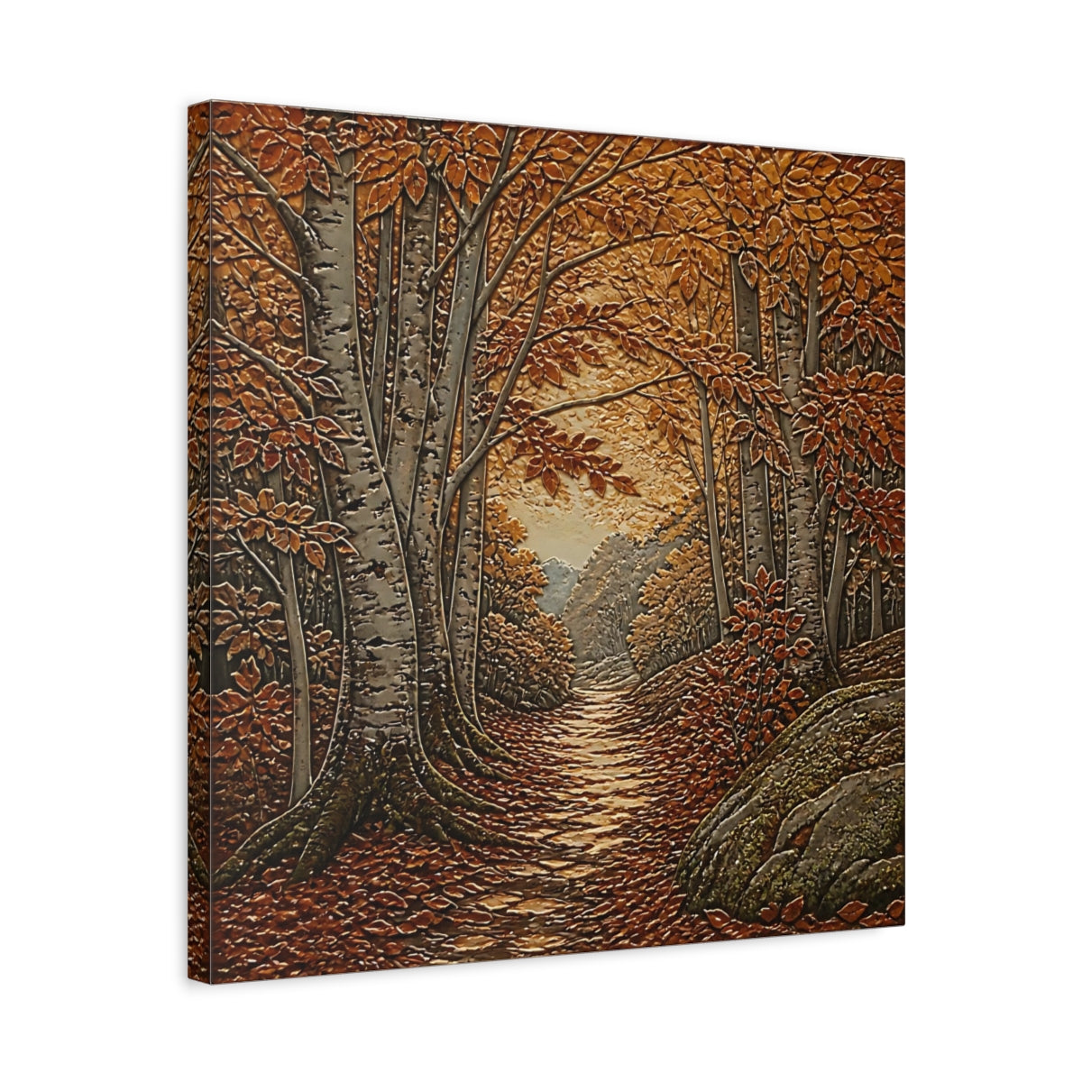 Side Mockup 5. Sgraffito Forest Path shown as canvas print