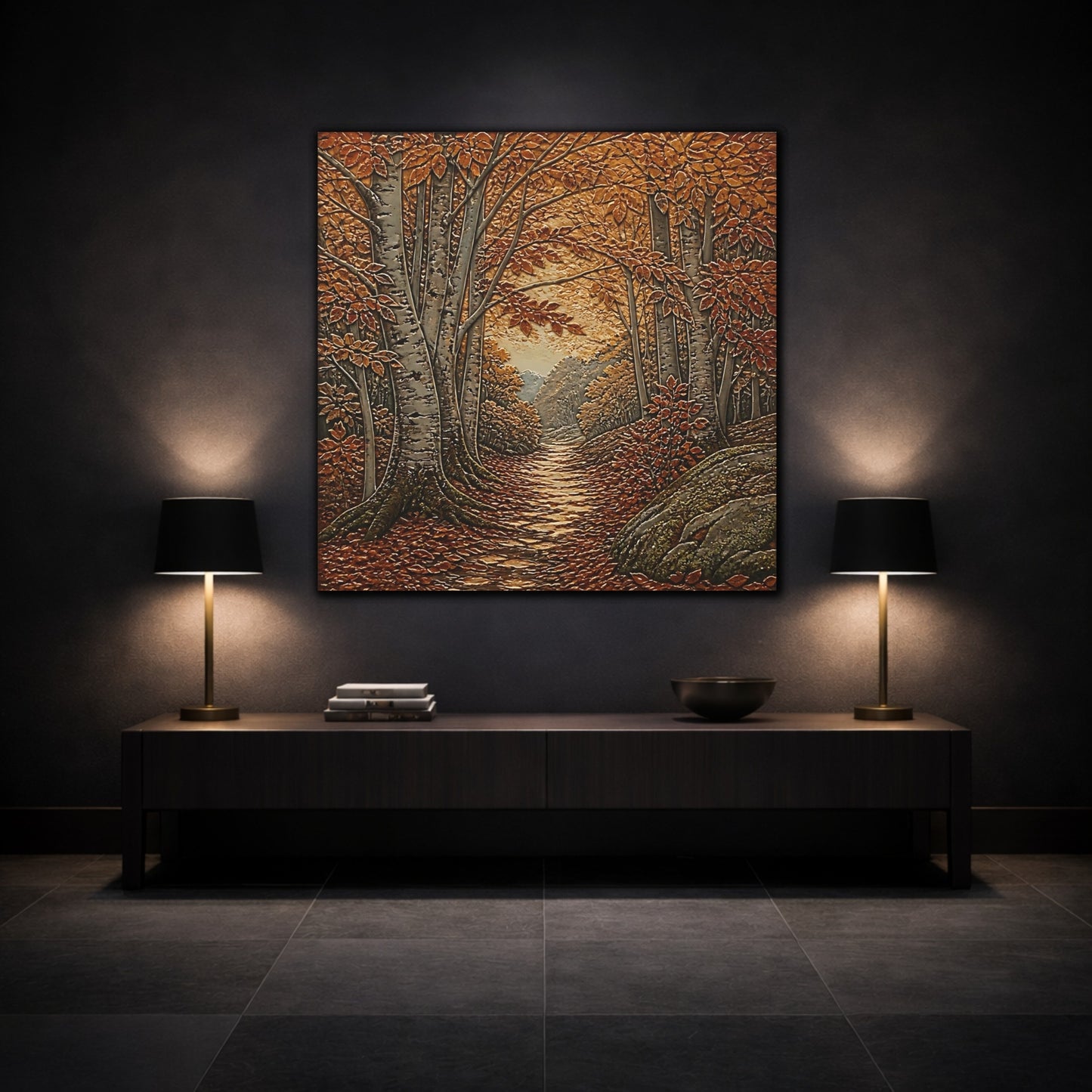 Mockup 3. Sgraffito Forest Path shown as canvas print