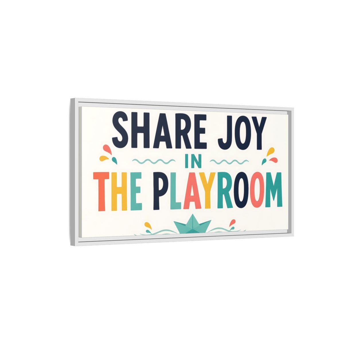 Side Mockup 1. Share Joy Playroom Art shown as framed canvas print
