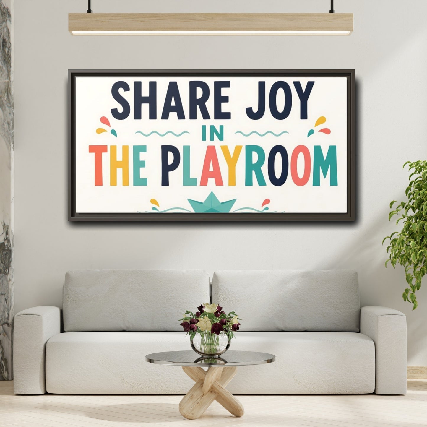 Mockup 2. Share Joy Playroom Art shown as framed canvas print