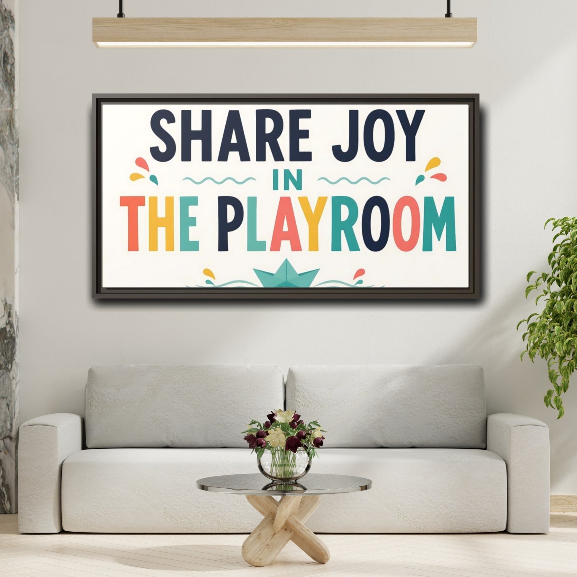 Mockup 2. Share Joy Playroom Art shown as framed canvas print