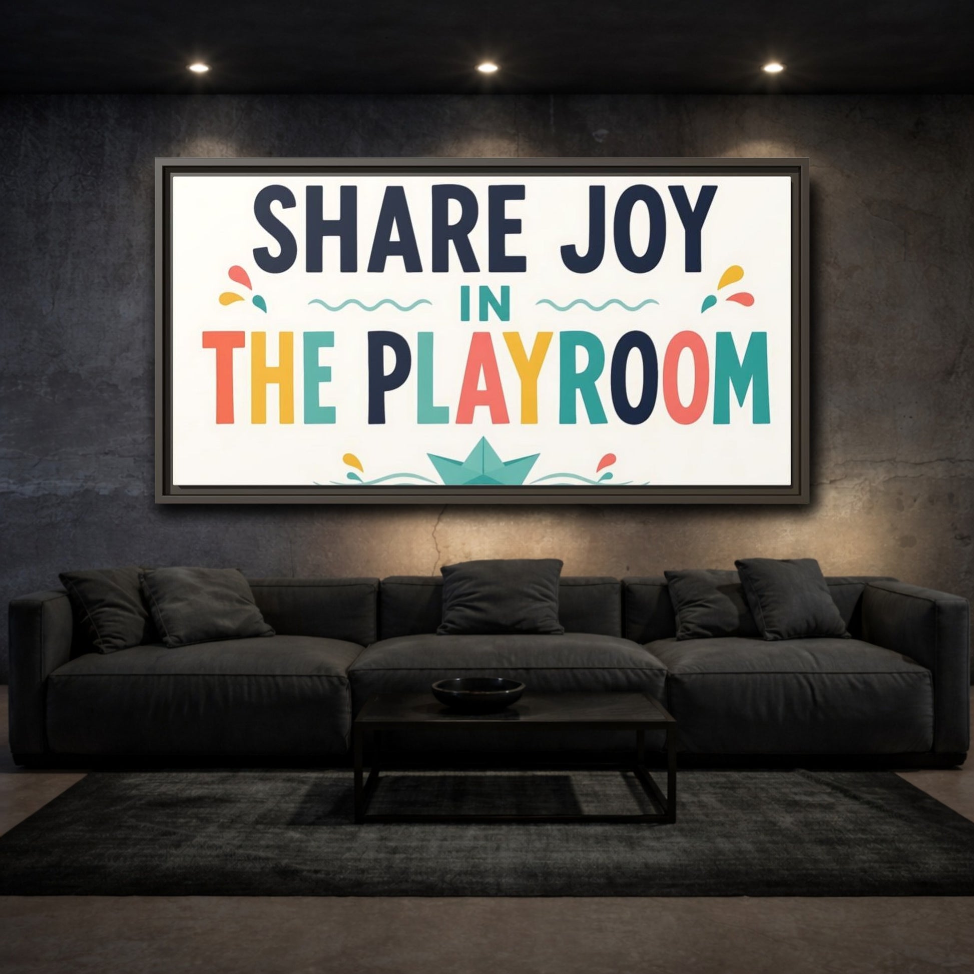 Mockup 3. Share Joy Playroom Art shown as framed canvas print
