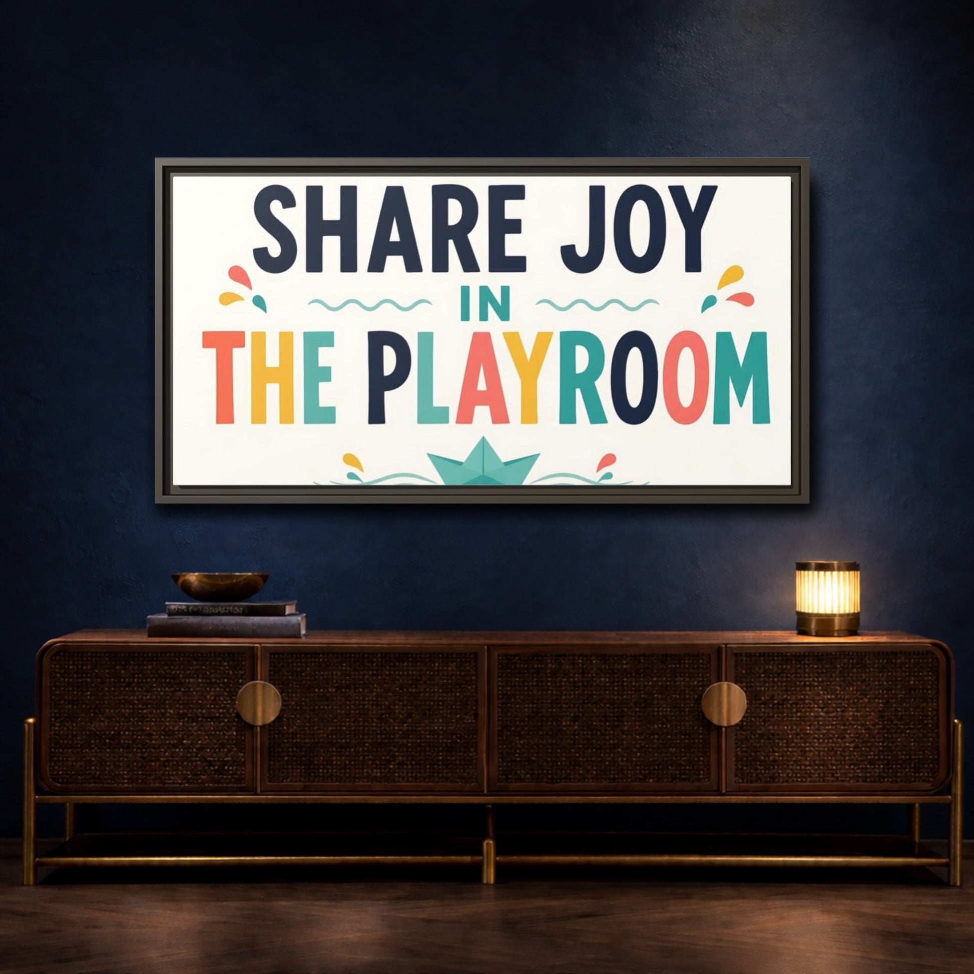 Mockup 4. Share Joy Playroom Art shown as framed canvas print