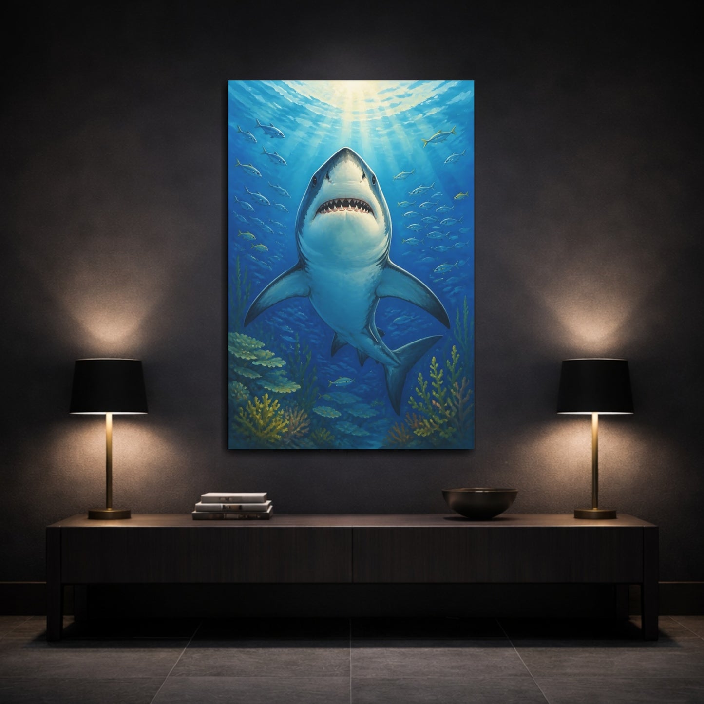 Mockup 3. Shark Animals Portrait shown as canvas print