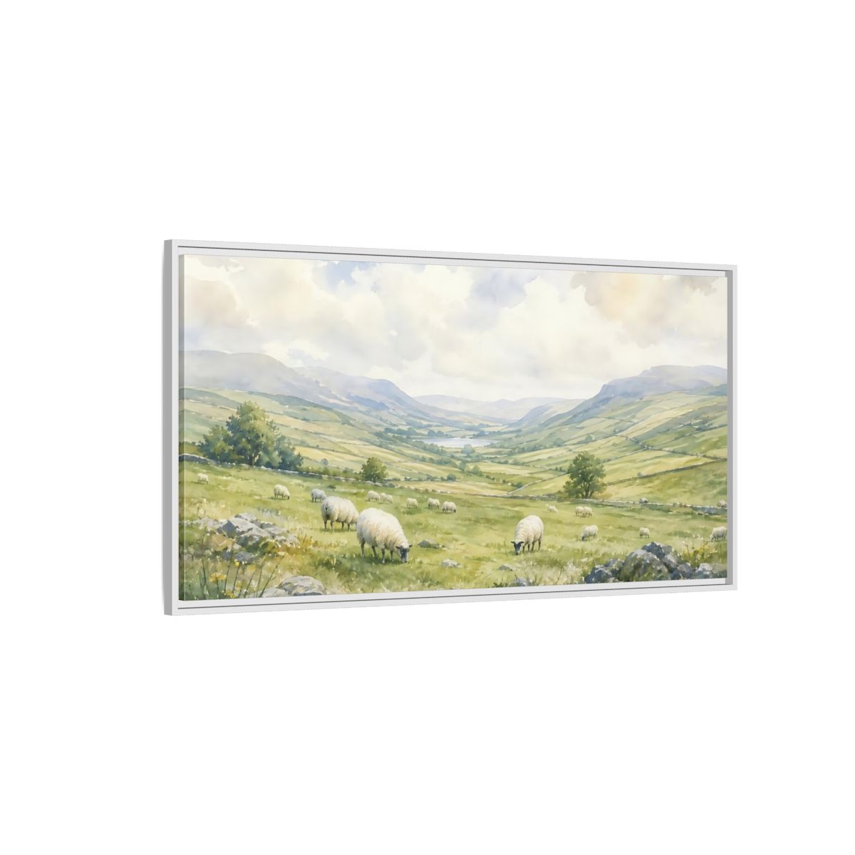 Side Mockup 3. Sheep In Rolling Valley shown as framed canvas print