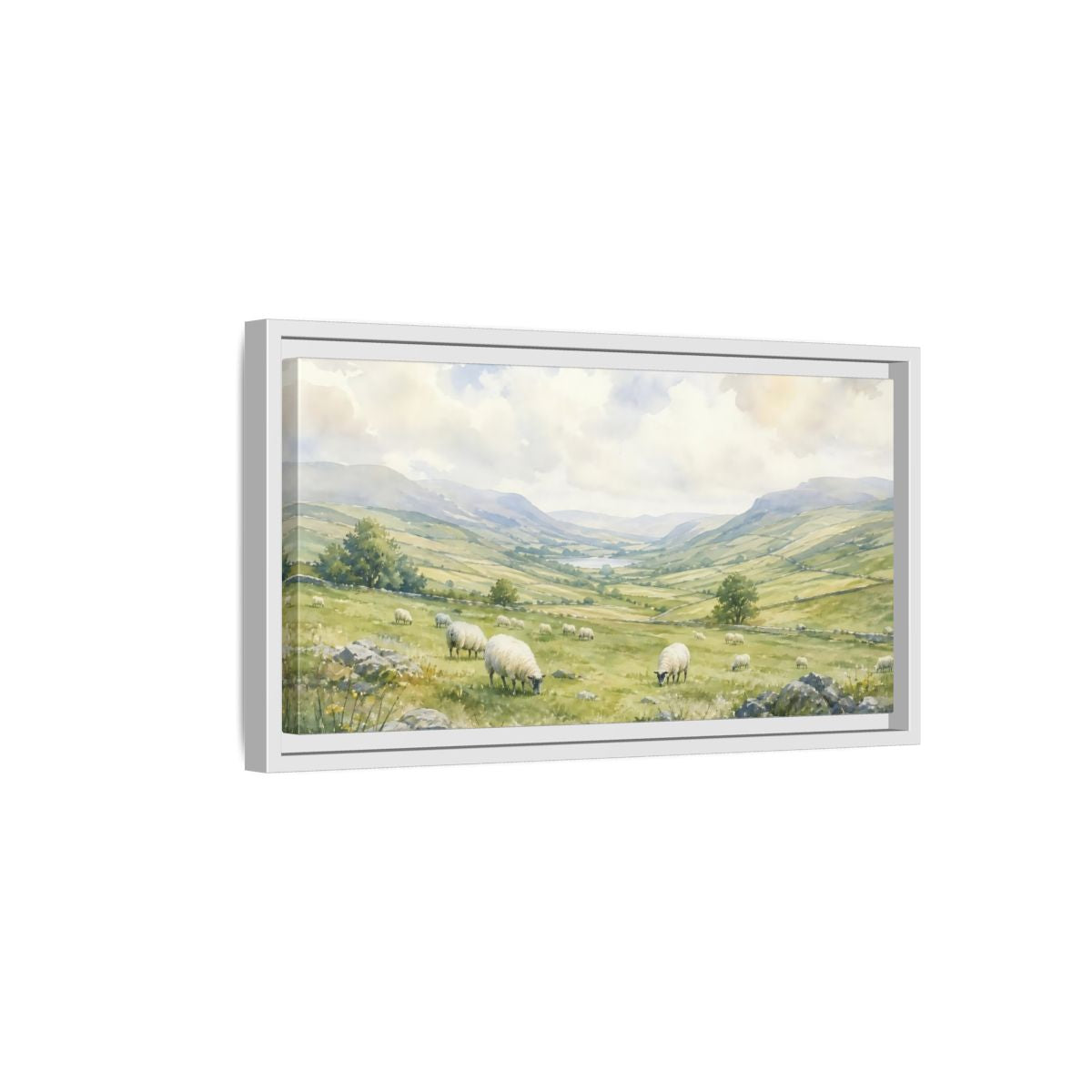 Side Mockup 6. Sheep In Rolling Valley shown as framed canvas print