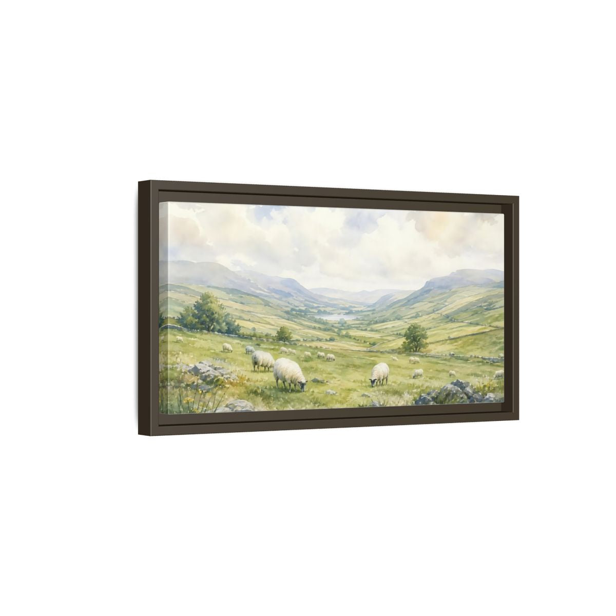 Side Mockup 7. Sheep In Rolling Valley shown as framed canvas print
