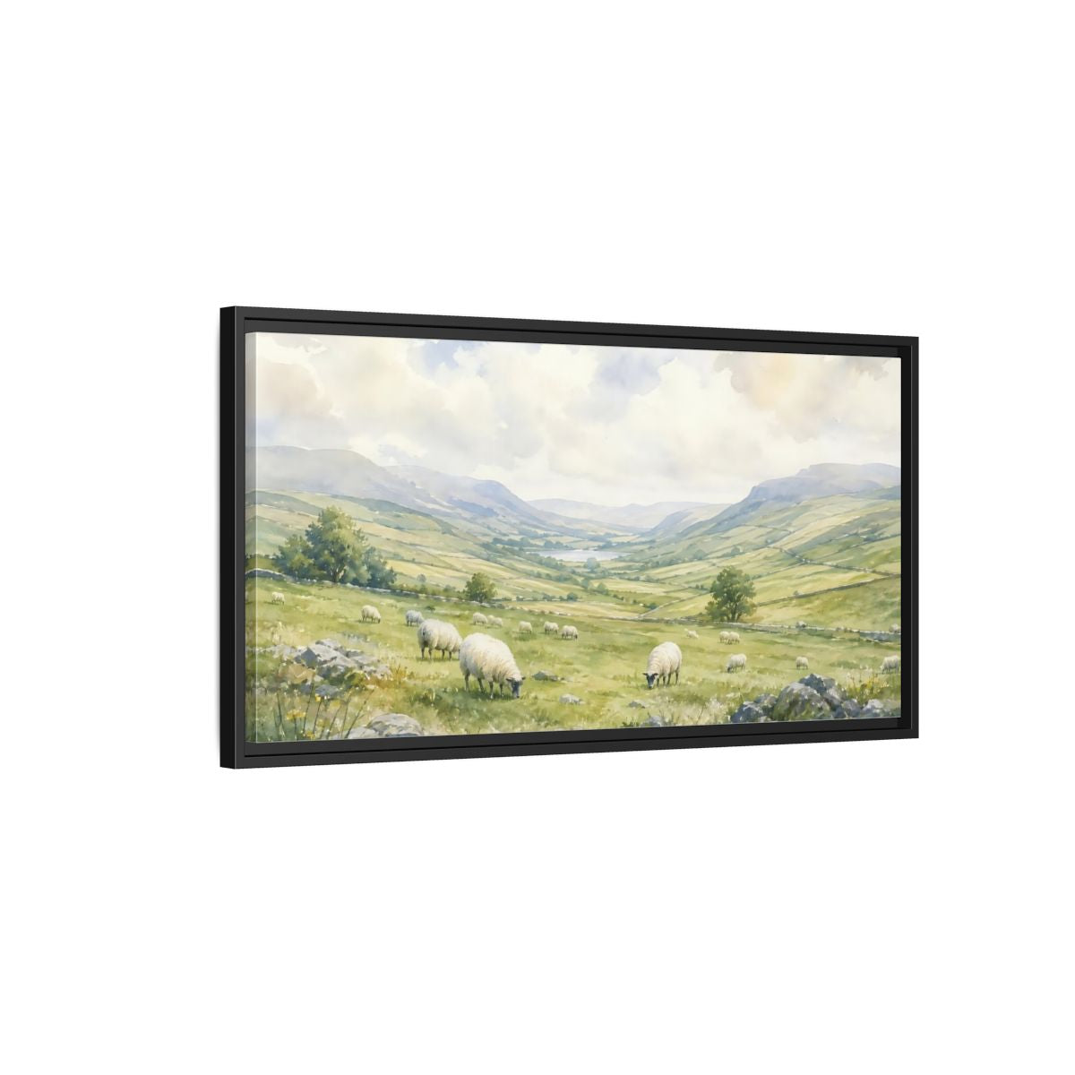 Side Mockup 2. Sheep In Rolling Valley shown as framed canvas print