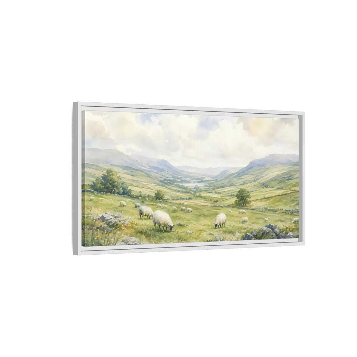 Side Mockup 1. Sheep In Rolling Valley shown as framed canvas print