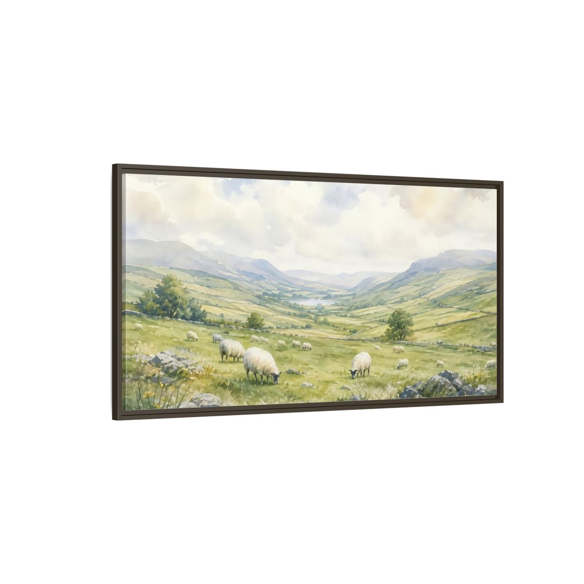 Side Mockup 4. Sheep In Rolling Valley shown as framed canvas print