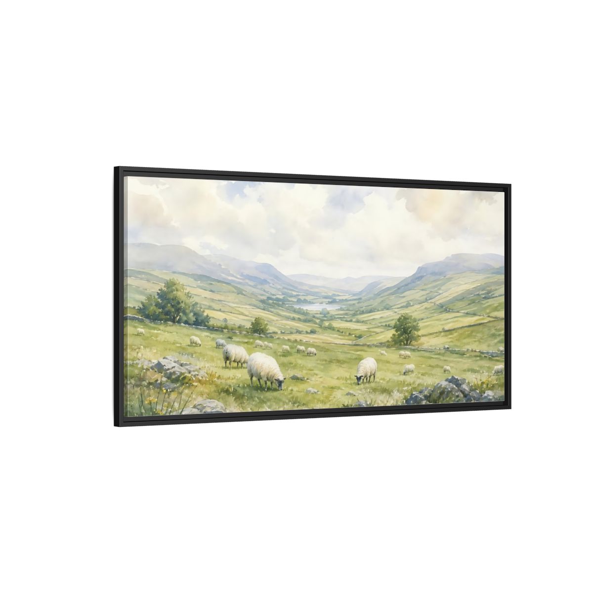 Side Mockup 5. Sheep In Rolling Valley shown as framed canvas print