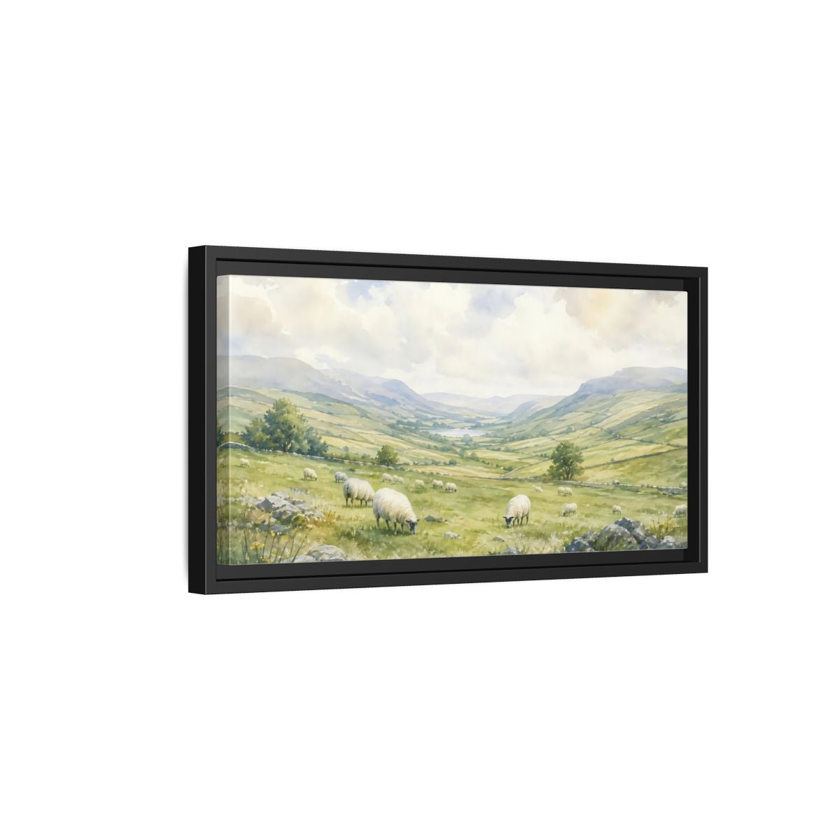 Side Mockup 8. Sheep In Rolling Valley shown as framed canvas print