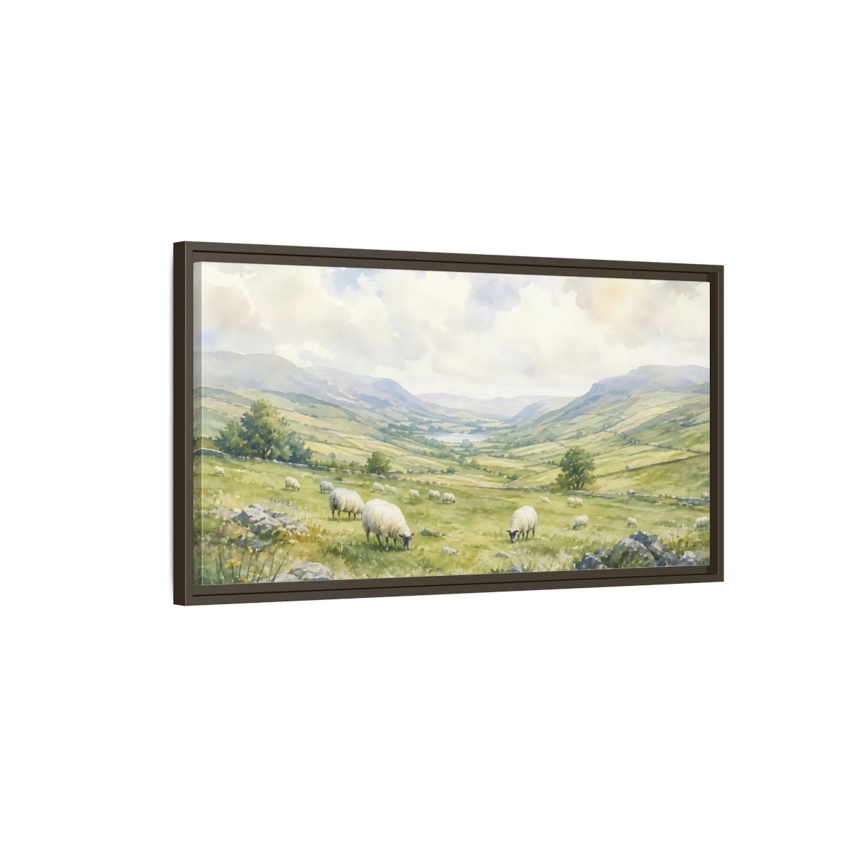 Main Mockup. Sheep In Rolling Valley shown as framed canvas print