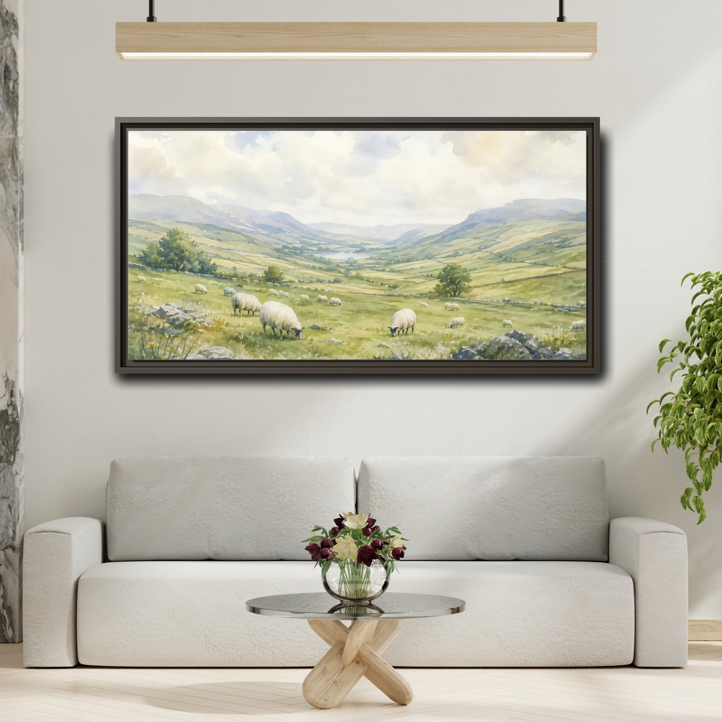 Mockup 2. Sheep In Rolling Valley shown as framed canvas print