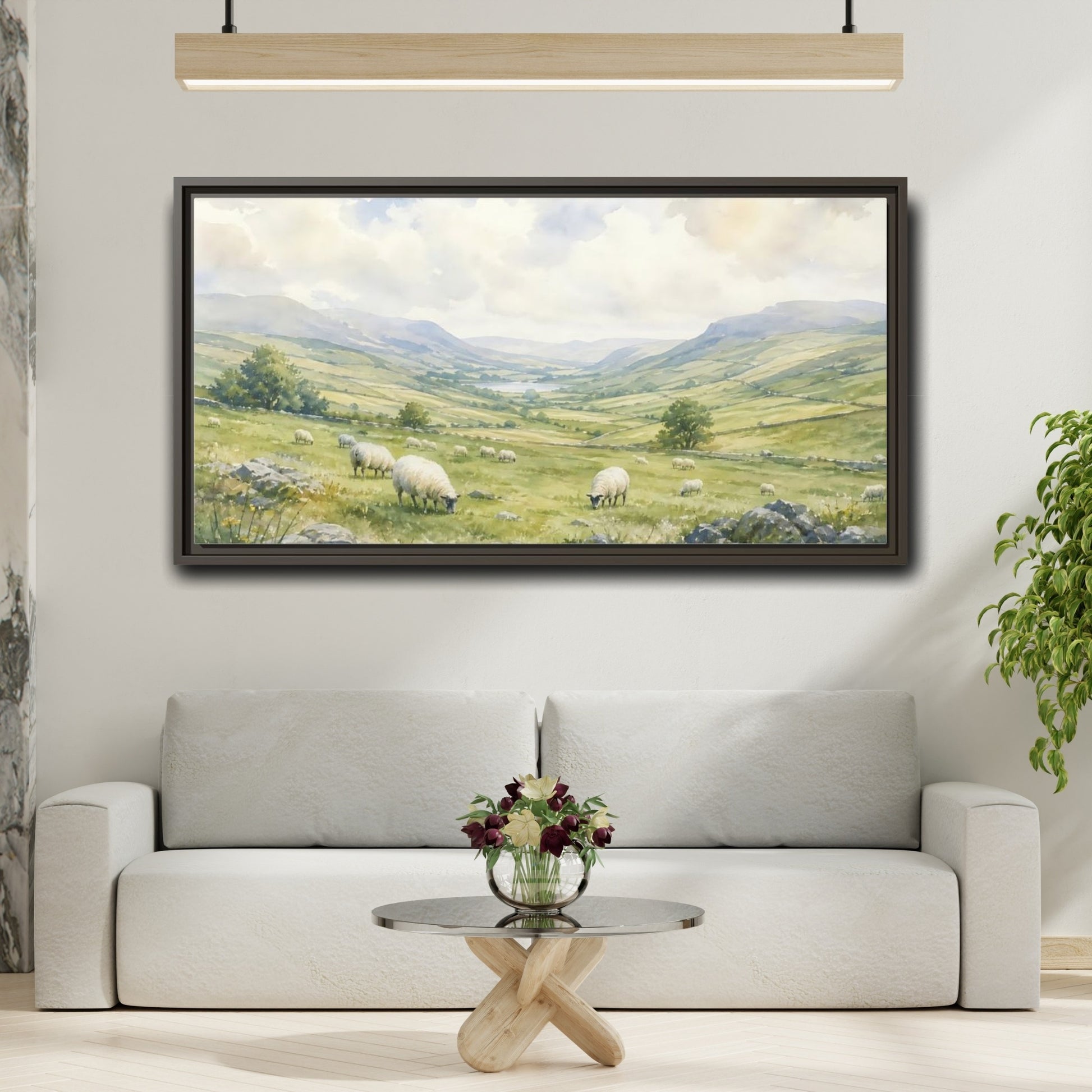 Mockup 2. Sheep In Rolling Valley shown as framed canvas print