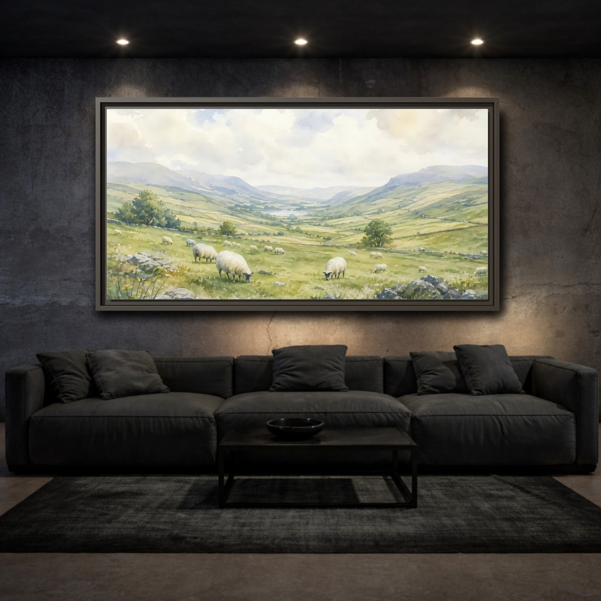 Mockup 3. Sheep In Rolling Valley shown as framed canvas print