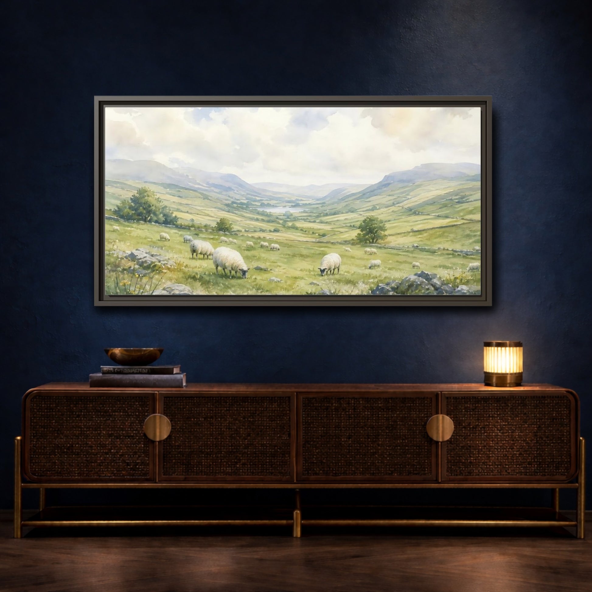 Mockup 4. Sheep In Rolling Valley shown as framed canvas print
