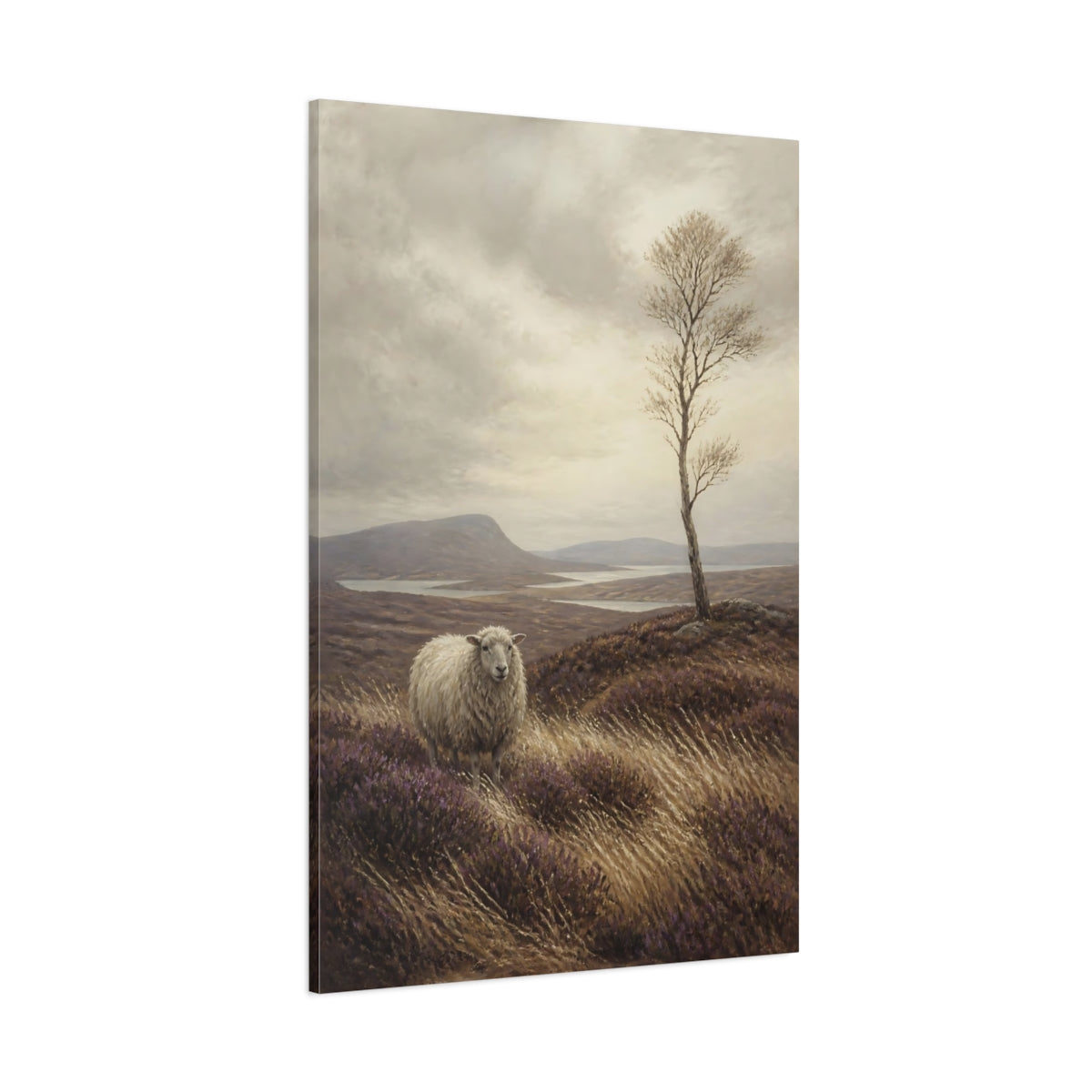 Side Mockup 1. Sheep On Heather Moor shown as canvas print