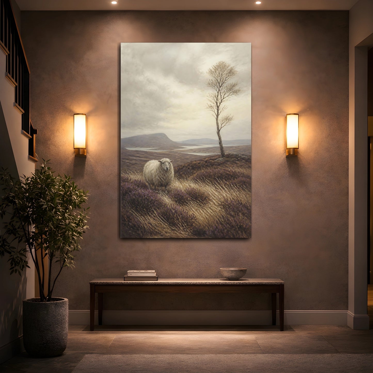 Mockup 2. Sheep On Heather Moor shown as canvas print