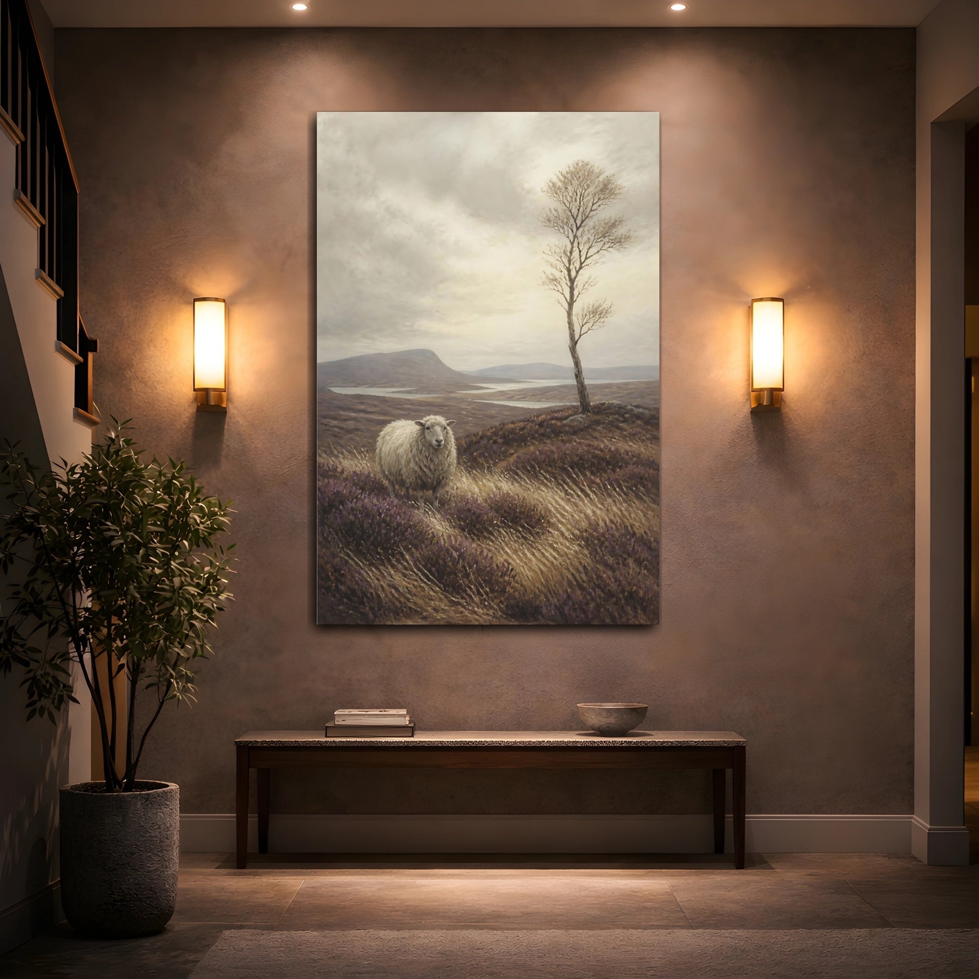 Mockup 2. Sheep On Heather Moor shown as canvas print