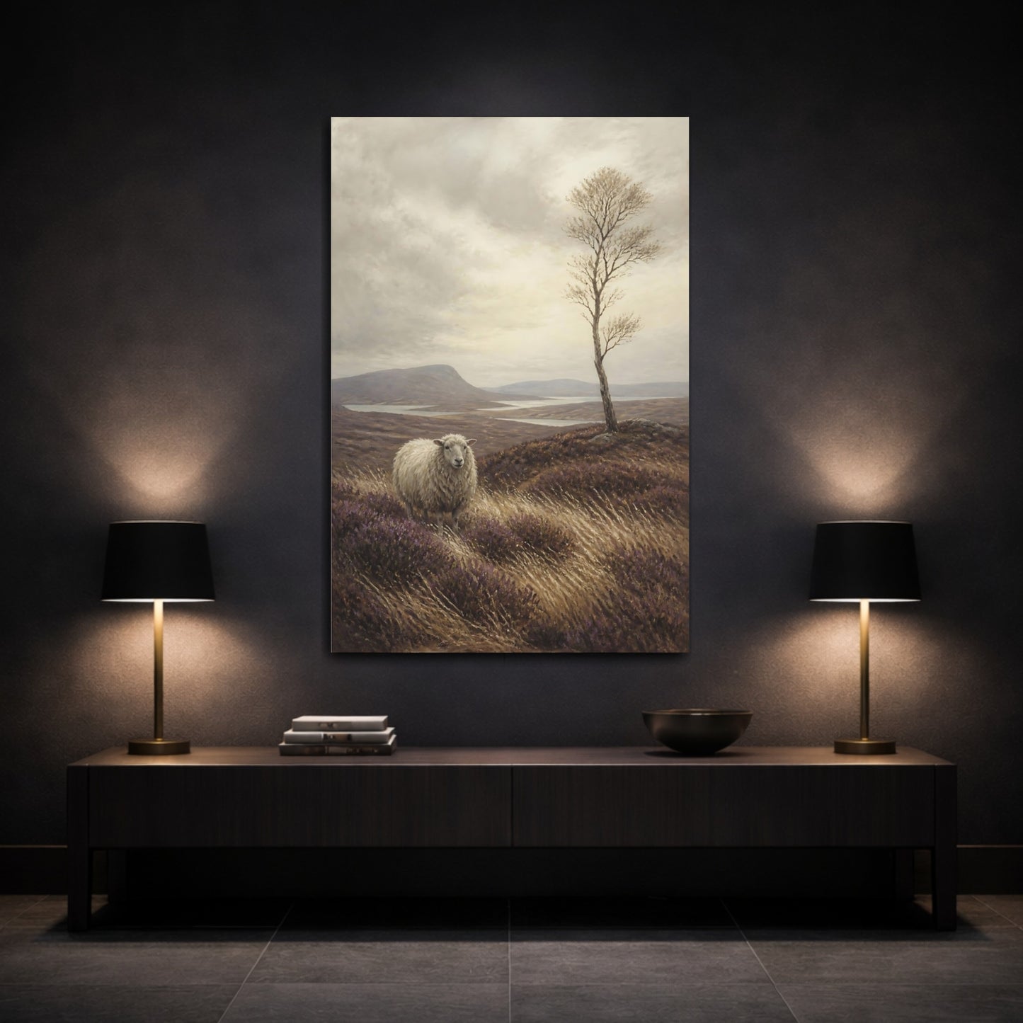 Mockup 3. Sheep On Heather Moor shown as canvas print