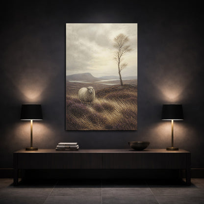 Mockup 3. Sheep On Heather Moor shown as canvas print