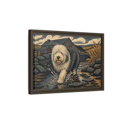 Side Mockup 5. Sheepdog On Stone Path shown as framed canvas print