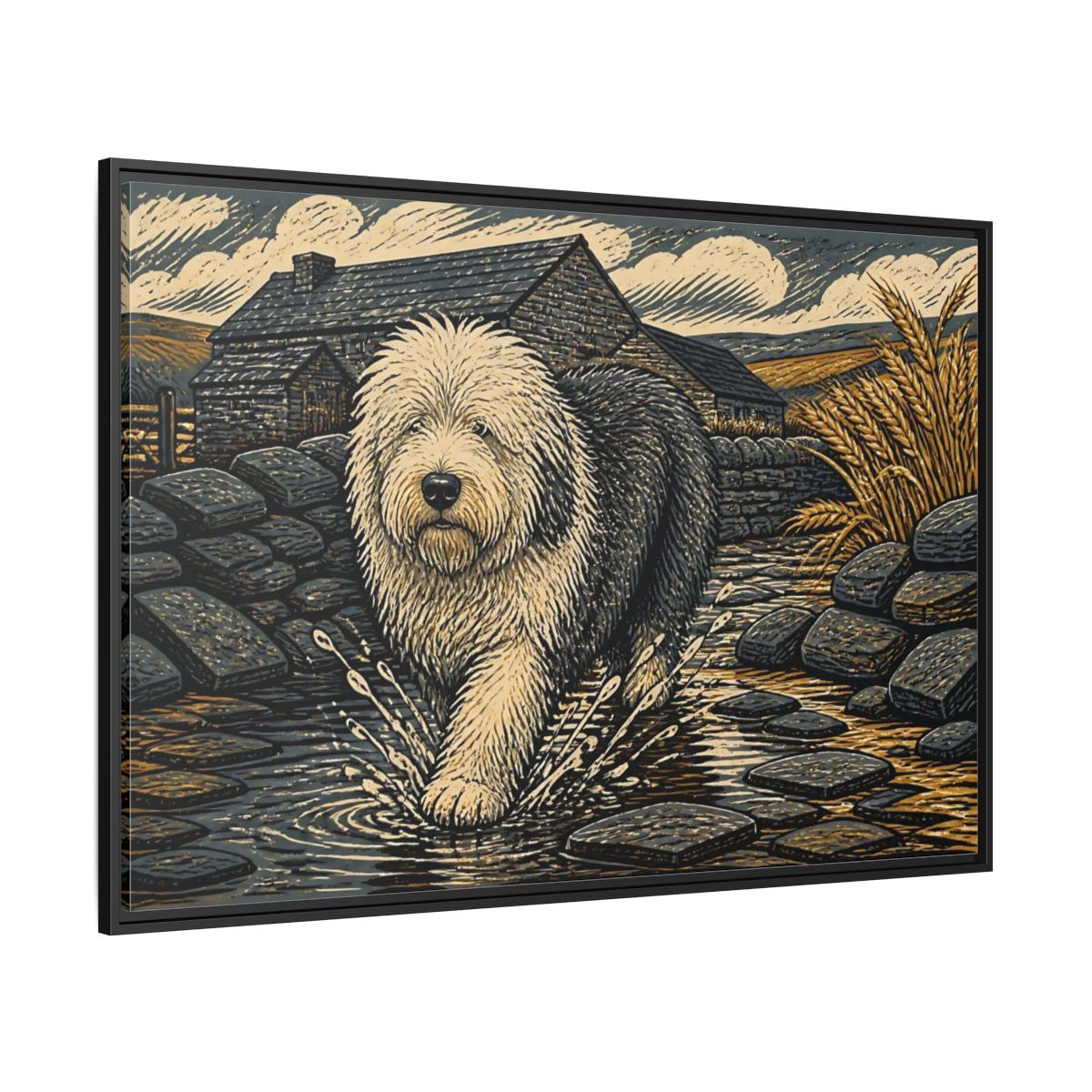 Side Mockup 12. Sheepdog On Stone Path shown as framed canvas print