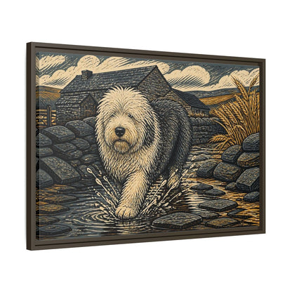 Side Mockup 11. Sheepdog On Stone Path shown as framed canvas print