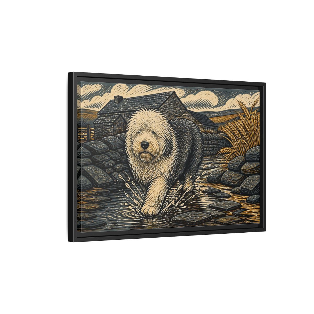 Side Mockup 3. Sheepdog On Stone Path shown as framed canvas print