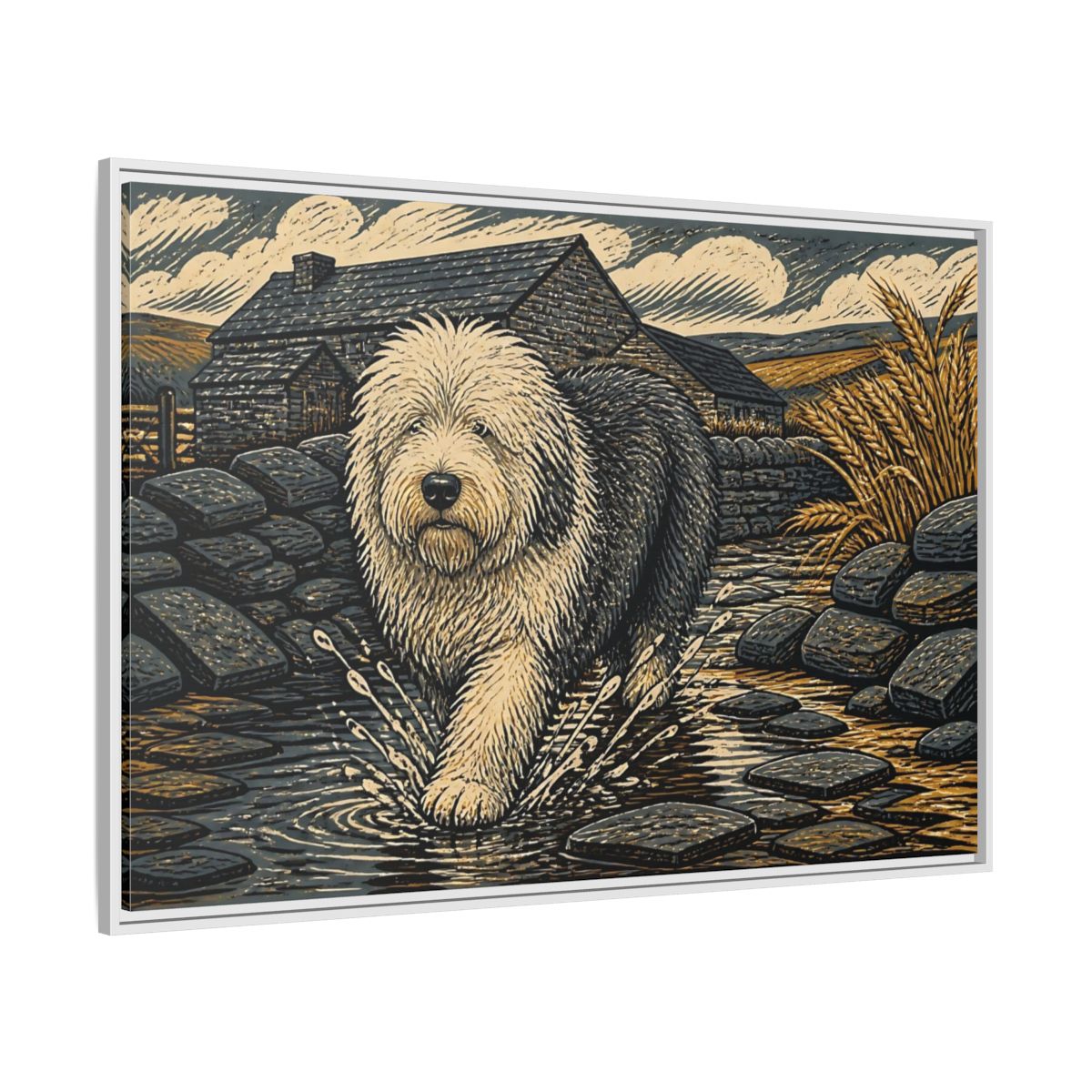 Side Mockup 7. Sheepdog On Stone Path shown as framed canvas print