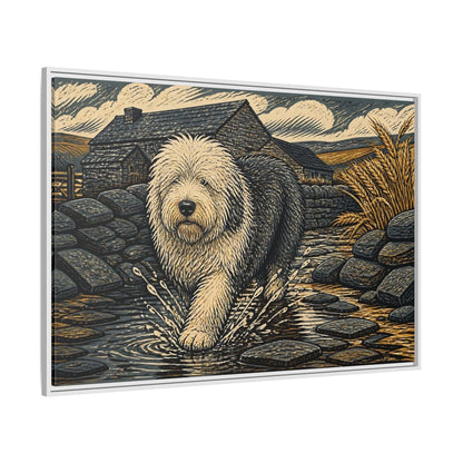 Side Mockup 7. Sheepdog On Stone Path shown as framed canvas print