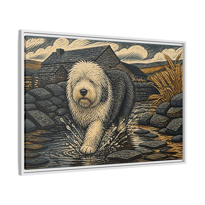 Side Mockup 9. Sheepdog On Stone Path shown as framed canvas print