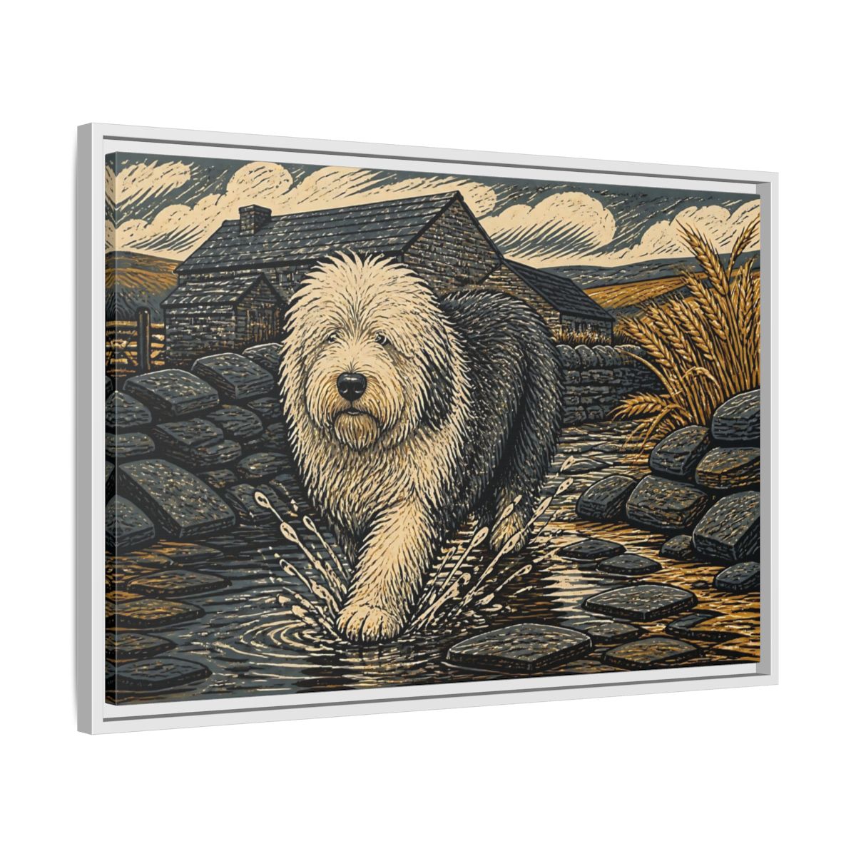 Side Mockup 10. Sheepdog On Stone Path shown as framed canvas print