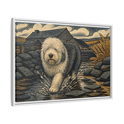 Side Mockup 10. Sheepdog On Stone Path shown as framed canvas print