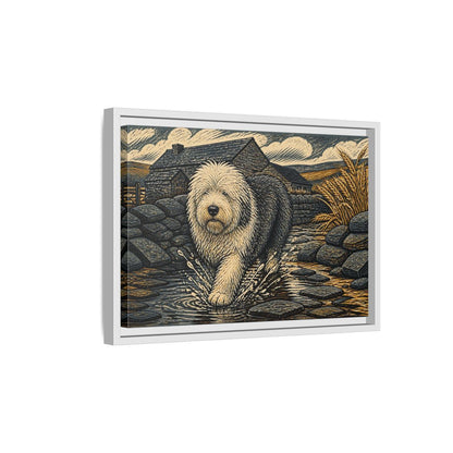 Side Mockup 4. Sheepdog On Stone Path shown as framed canvas print