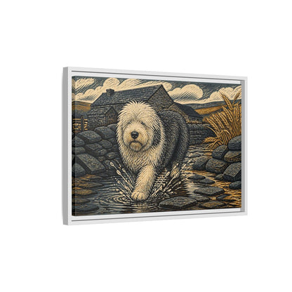 Side Mockup 1. Sheepdog On Stone Path shown as framed canvas print