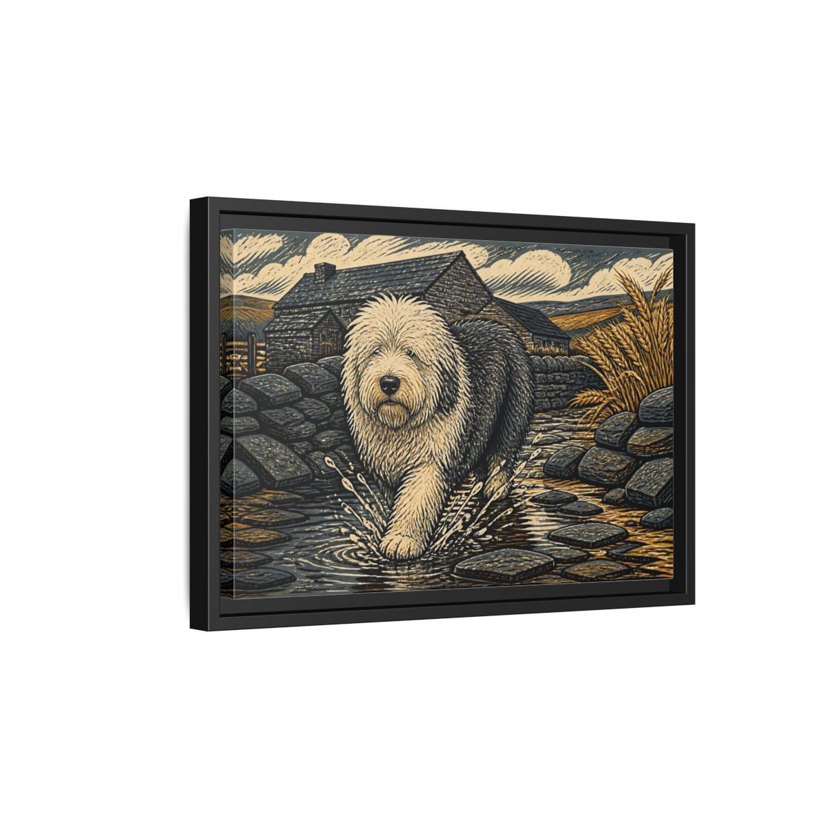 Side Mockup 6. Sheepdog On Stone Path shown as framed canvas print