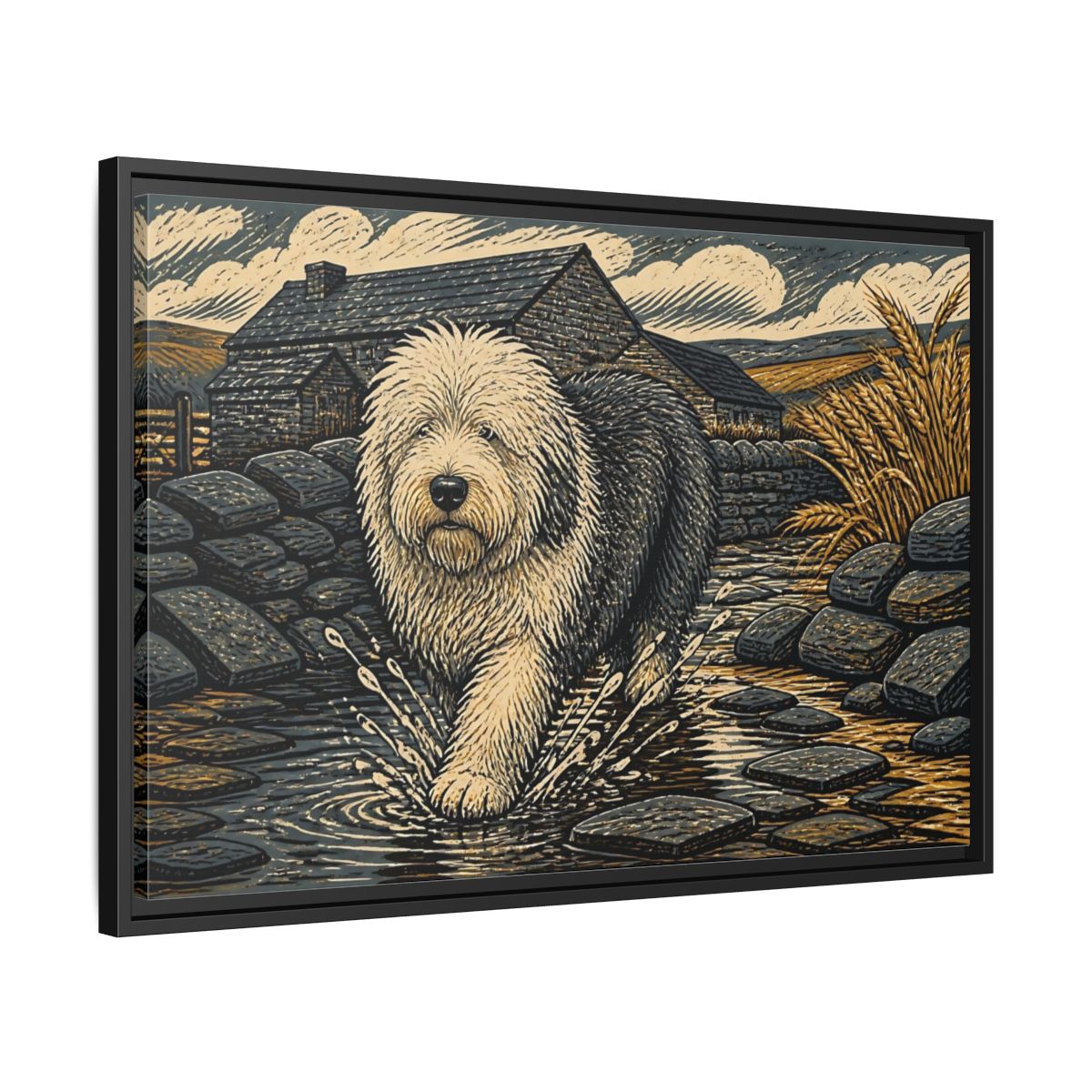 Side Mockup 14. Sheepdog On Stone Path shown as framed canvas print