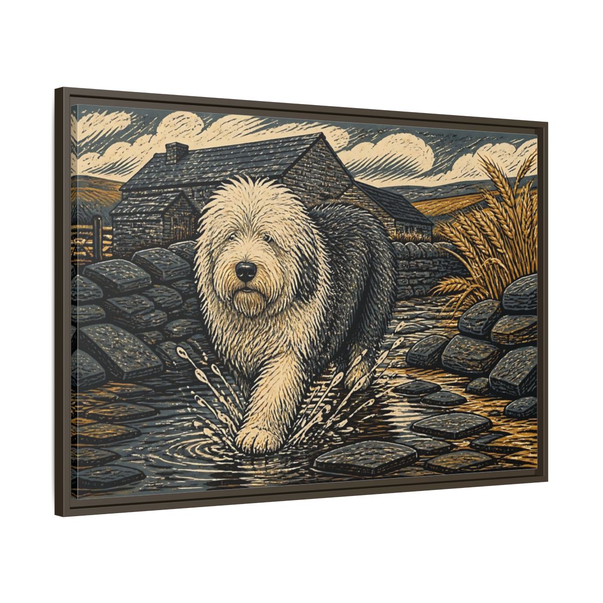 Main Mockup. Sheepdog On Stone Path shown as framed canvas print