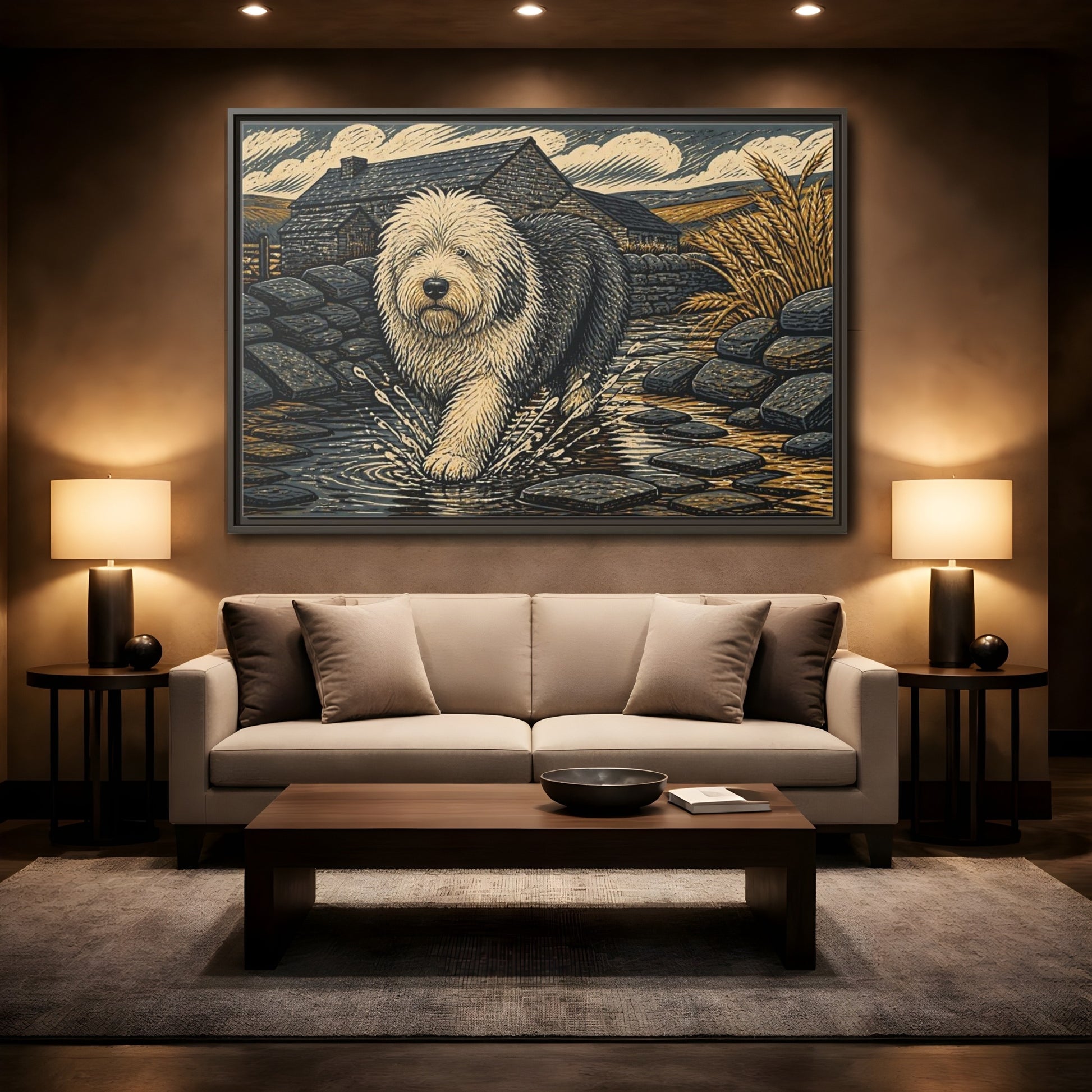 Mockup 2. Sheepdog On Stone Path shown as framed canvas print