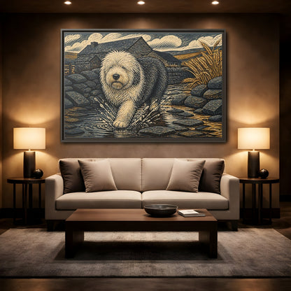 Mockup 2. Sheepdog On Stone Path shown as framed canvas print